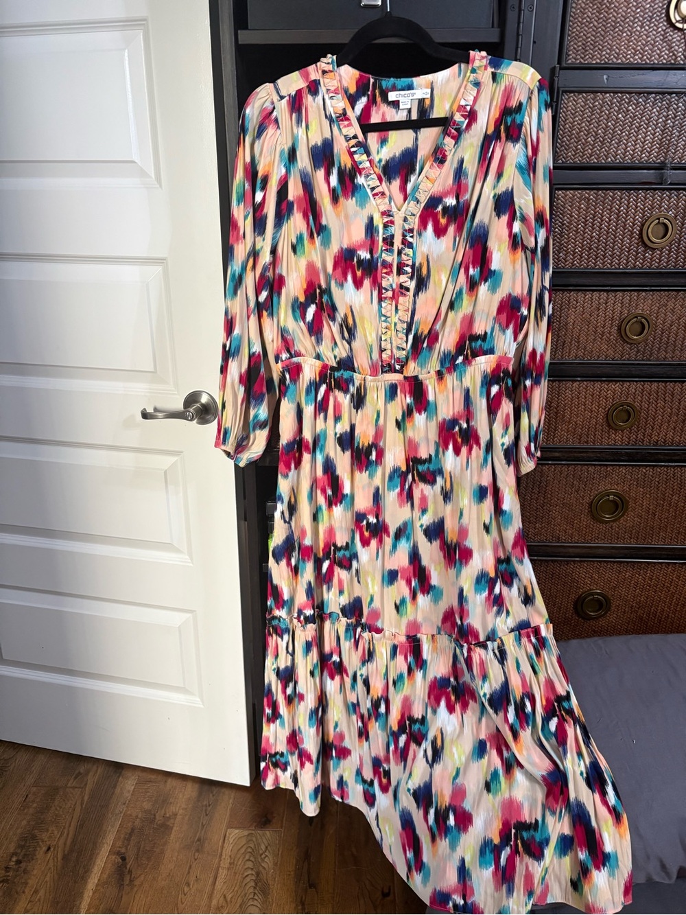Chico's Cream Multicolor Ikat-Style Tiered Maxi Dress